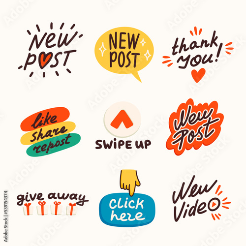 Social media stickers, new post, new video, give away, etc. Making a blog or vlog vector flat illustration. Set of cartoon icons for making stories or internet content