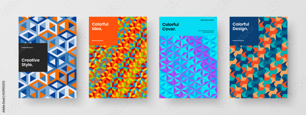 Modern annual report vector design illustration collection. Simple mosaic hexagons placard template composition.