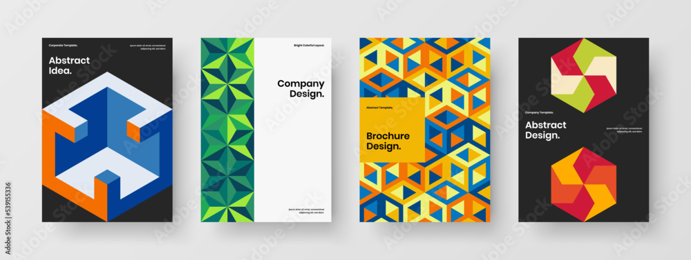 Clean geometric tiles company identity concept bundle. Isolated corporate brochure design vector illustration composition.