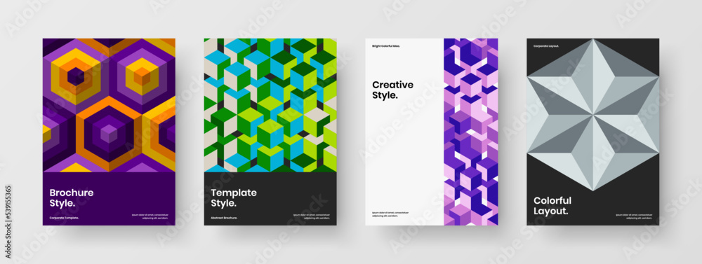Simple journal cover A4 vector design template set. Amazing mosaic hexagons corporate brochure illustration collection.