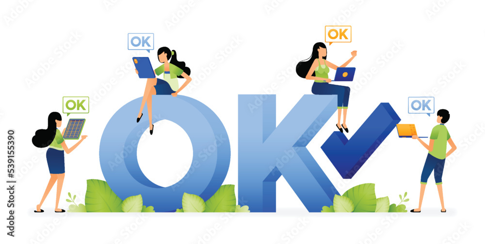 Illustration of people agreeing with each other in an ongoing discussion. 3d text of ok. Designed for website, landing page, flyer, banner, apps, brochure, startup media company