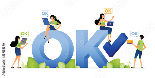 Illustration of people agreeing with each other in an ongoing discussion. 3d text of ok. Designed for website, landing page, flyer, banner, apps, brochure, startup media company