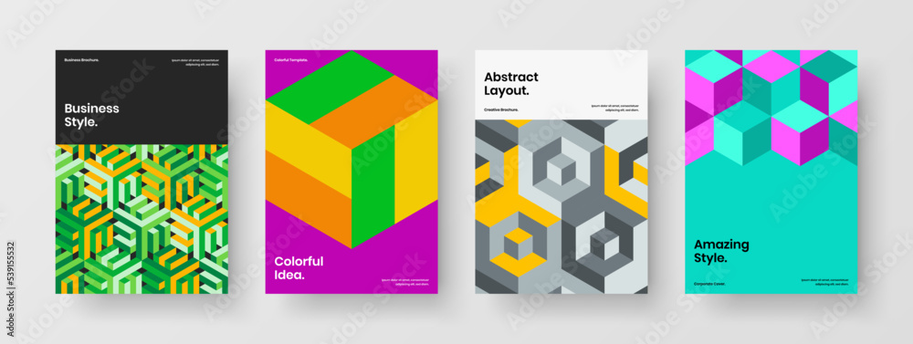 Premium geometric shapes annual report layout set. Colorful leaflet vector design concept composition.