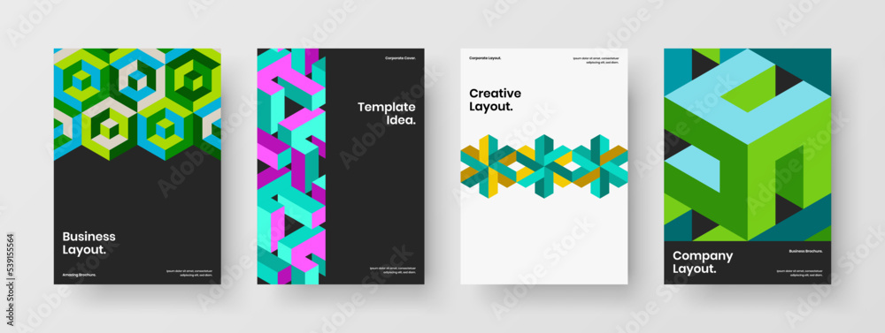 Abstract mosaic hexagons company brochure concept bundle. Unique placard A4 design vector template composition.