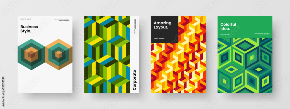 Abstract handbill vector design concept collection. Multicolored geometric shapes leaflet template bundle.