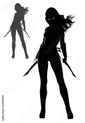 The silhouette of a beautiful girl with long hair, he stands gracefully with two paired combat knives ready for battle. 2d vector art