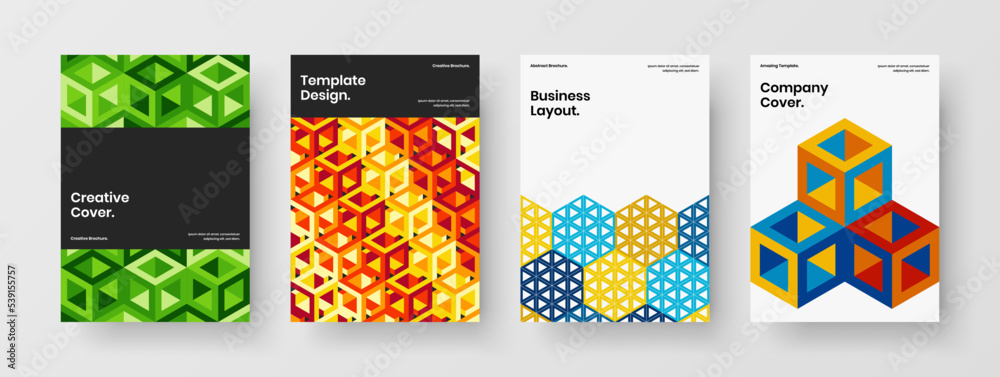 Unique geometric tiles front page layout collection. Colorful annual report vector design concept bundle.