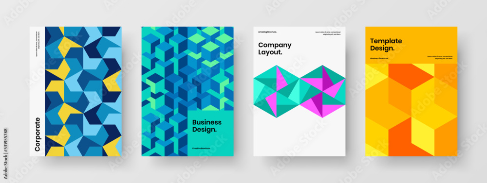 Original front page A4 design vector template collection. Multicolored geometric tiles poster concept set.