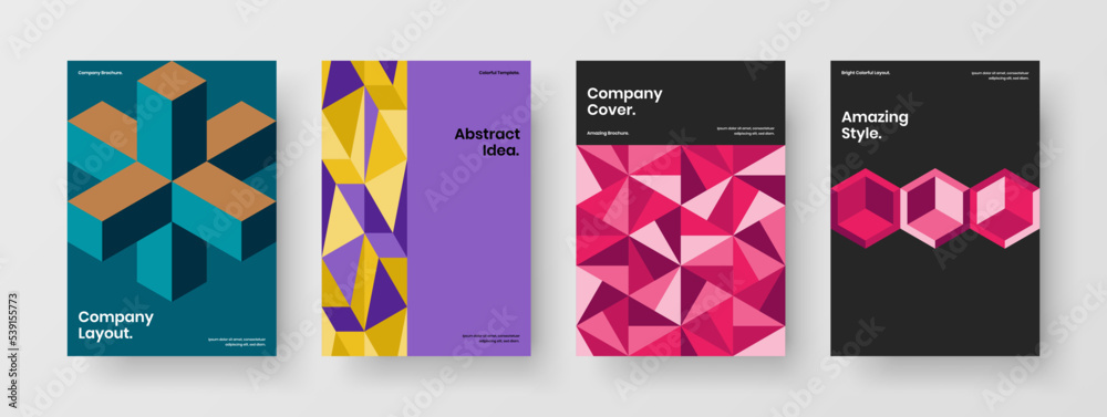 Clean leaflet design vector illustration set. Abstract mosaic hexagons cover template composition.