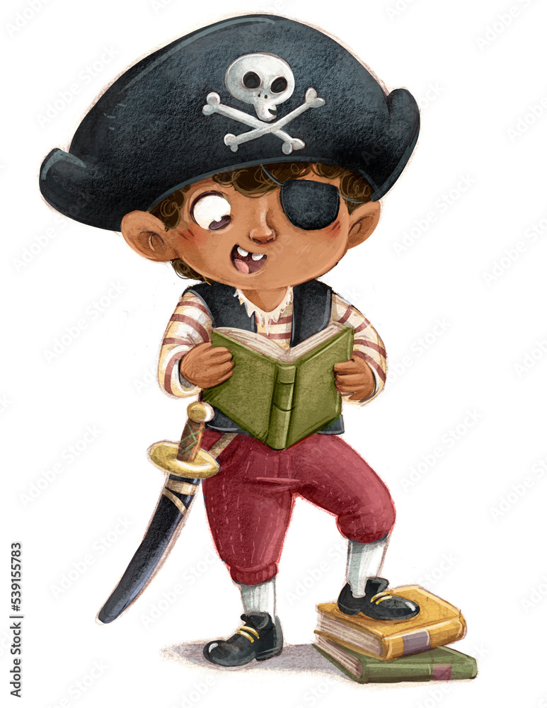 Naklejka premium illustration of african american pirate boy reading a book