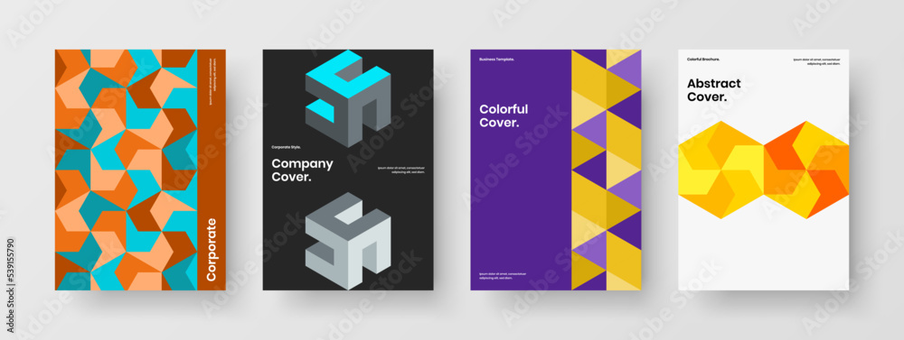 Colorful geometric hexagons book cover layout set. Fresh leaflet A4 design vector concept composition.