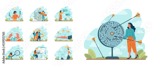 Strategy concept set. Plan development towards success or victory.