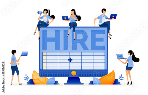 Illustration of job seekers looking for office and accounting vacancies with computer skills. Designed for website, landing page, flyer, banner, apps, brochure, startup media company