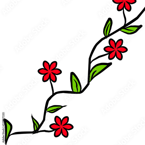 Vector spring flowers and leaves on long stems. Branch with small red flowers. Long vines