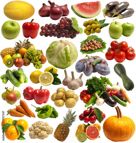 Fruit and vegetables on a white isolated background