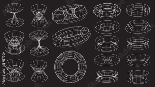 Set of abstract geometric technology elements in cyberpunk style. Retro vintage collection virtual digital design. Texture 80s vr. Futuristic metaverse pattern. Vector isolated template background