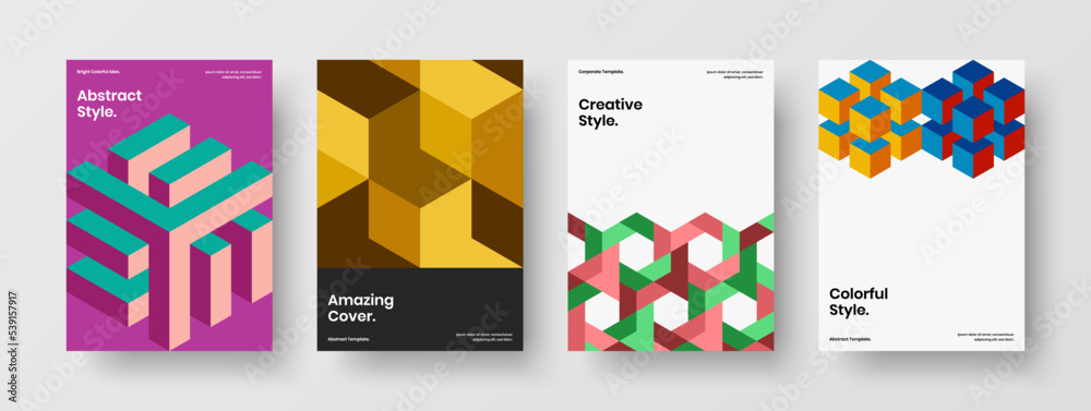 Multicolored mosaic shapes catalog cover illustration collection. Premium banner A4 vector design concept set.