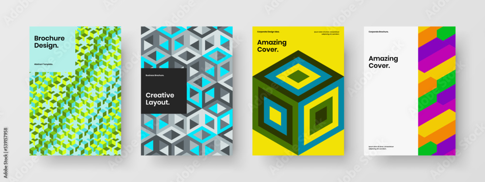 Obraz premium Bright handbill A4 vector design template bundle. Fresh mosaic hexagons book cover concept set.