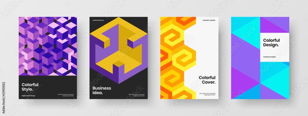 Clean mosaic tiles corporate identity template bundle. Colorful company brochure design vector layout composition.