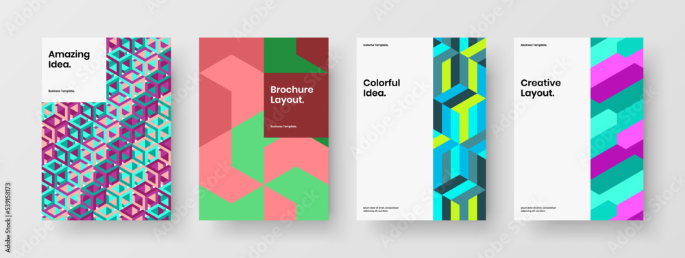 Amazing geometric shapes presentation illustration set. Isolated front page A4 design vector template collection.