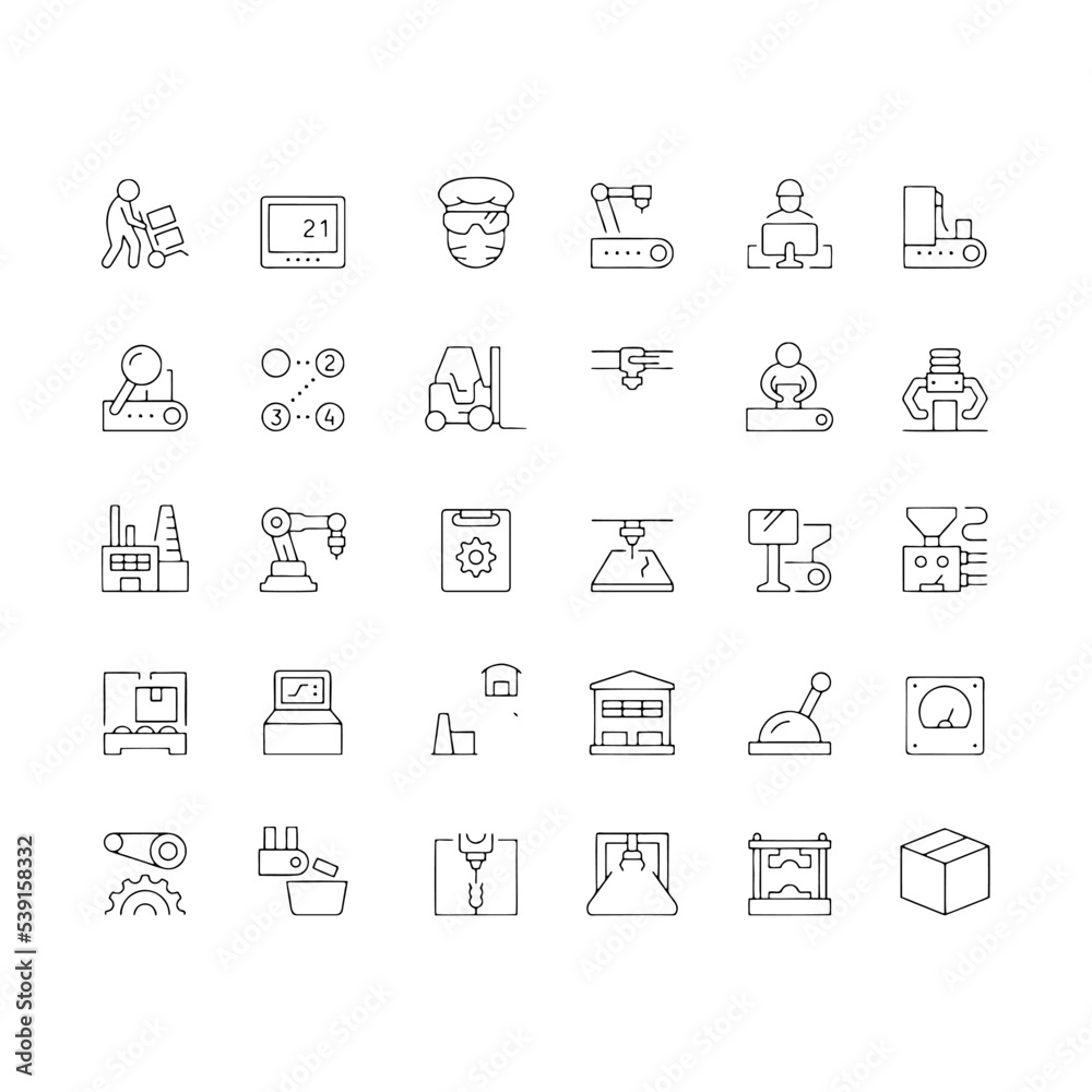 Simple Set of Mass Production Related Vector Line Icons. Contains such Icons as Industrial Oven, Robot Manipulator, Warehouse, Painting Bot and more. Editable Stroke. 48x48 Pixel Perfect.