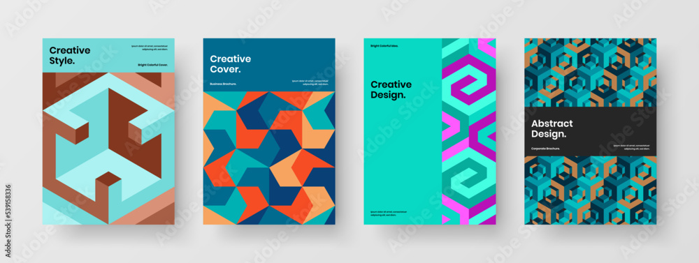 Simple mosaic tiles book cover illustration collection. Amazing company brochure A4 design vector layout composition.