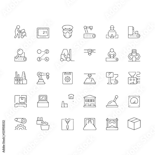 Simple Set of Mass Production Related Vector Line Icons. Contains such Icons as Industrial Oven, Robot Manipulator, Warehouse, Painting Bot and more. Editable Stroke. 48x48 Pixel Perfect.
