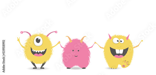 Vector illustration of funny and cute colorful monsters. Children's print isolated on a white background.