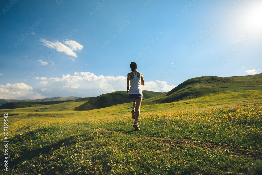 Young fitness woman trail runner running on high altitude grassland Young fitness woman trail runner running on high altitude grassland