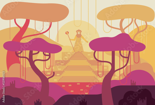 Statue of an ancient god at the top of the pyramid, vector cartoon illustration in flat stile. Historical artifact in the jungle