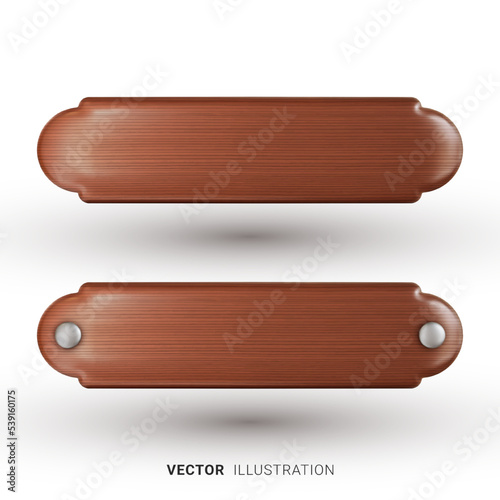 Set of two realistic wooden nameplates isolated on a white background. 3D vector illustration