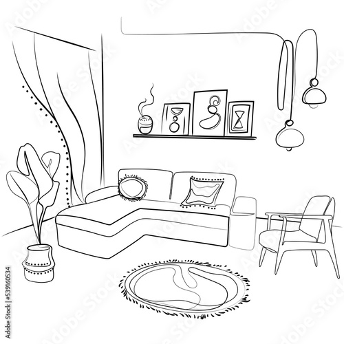Cozy living room interior design in boho style,corner sofa,armchair,abstract paintings,houseplants and hanging chandeliers.Liner sketch vector illustration of modern interior design