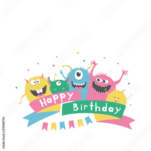 Group of cute colorful monsters. A child s picture. Greeting card. Happy Birthday.Vector illustration.