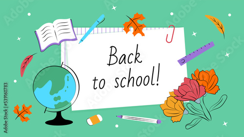Welcome Back to school with school items and elements globe, pen, paper, notebook, book, eraser, pencil. Online education, home study. Vector illustration