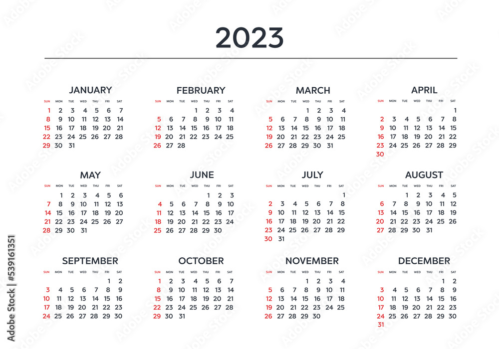 Vector calendar 2023 year. Week starts from Sunday Vector calendar 2023 year. Week starts from Sunday