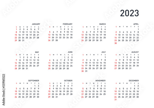 Vector calendar 2023 year. Week starts from Sunday