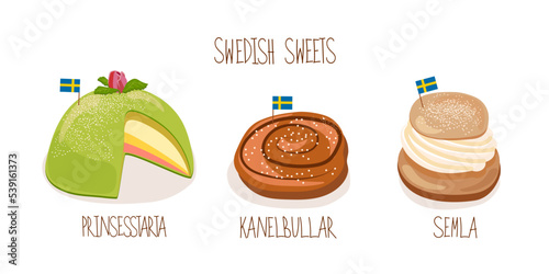 Swedish Sweets Prinsesstarta, Kanelbullar, Semla with Swedish Flags. Concept of Cozy Sweet Coffee Time. Scandinavian. Top view. Vector Illustration