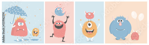 Group of cute colorful monsters.A set of greeting cards, children's prints.Vector illustration.