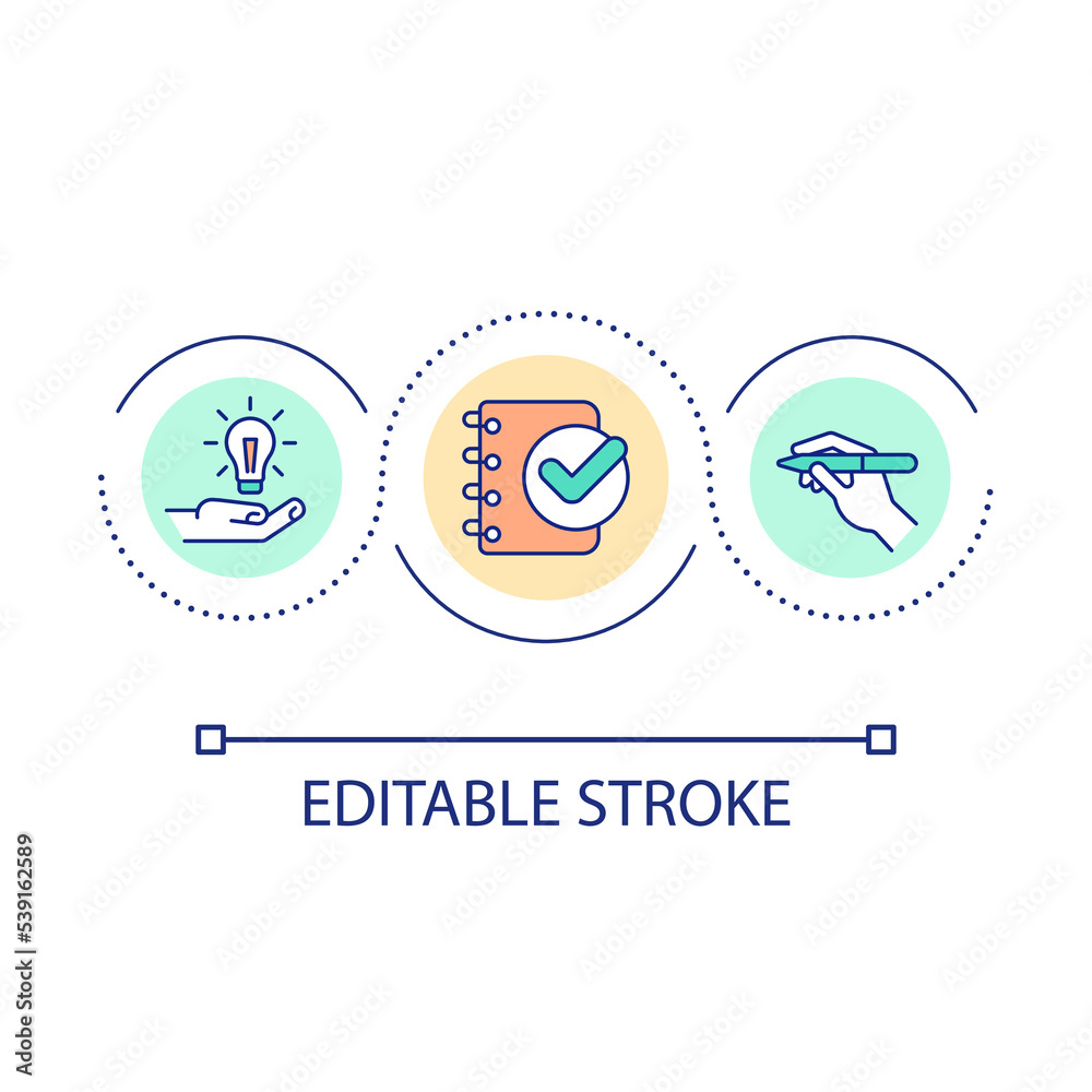 Mark important notes loop concept icon. Write down working tasks. Keeping dairy habit abstract idea thin line illustration. Isolated outline drawing. Editable stroke. Arial font used