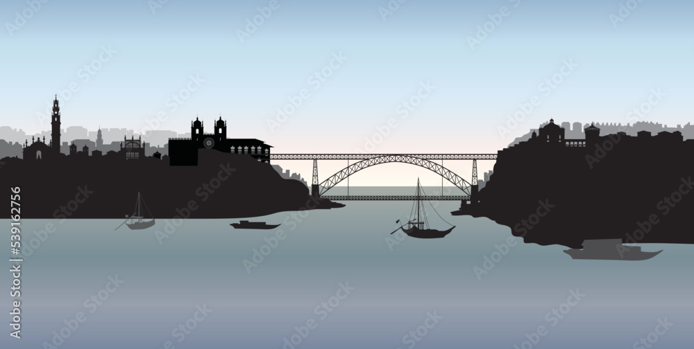 Portugal city Porto panoramic tourist skyline view. Portuguese cityscape with famous bridge thour Douro river