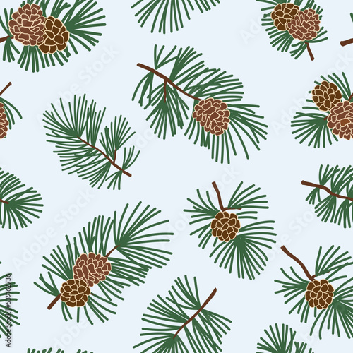 Seamless winter floral pattern with evergreen cone and coniferous plant branch. Christmas texture. Winter forest background.