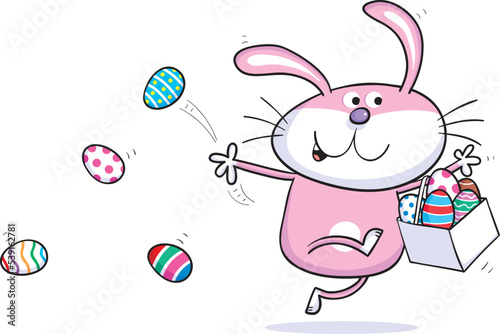 Vector cartoon illustration of a cute little Easter bunny rabbit running and throwing chocolate Easter eggs