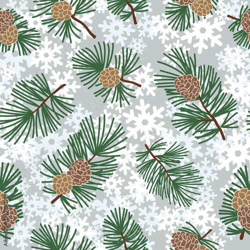 Seamless winter floral pattern with evergreen cone and snowflakes. Christmas texture. Snow forest background.