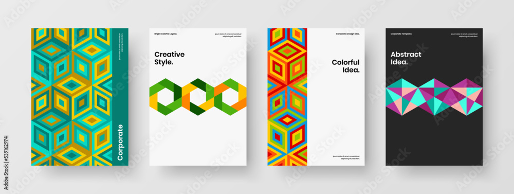 Abstract handbill vector design illustration set. Bright mosaic tiles catalog cover concept collection.