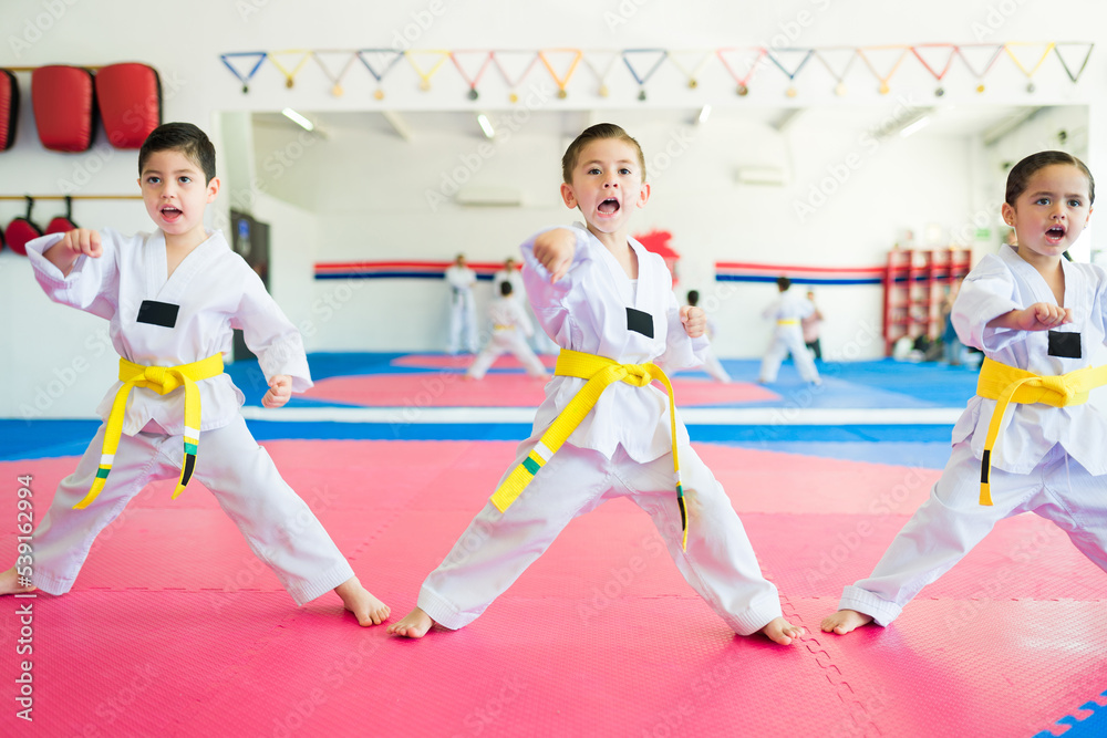 Caucasian children shouting during a karate practice