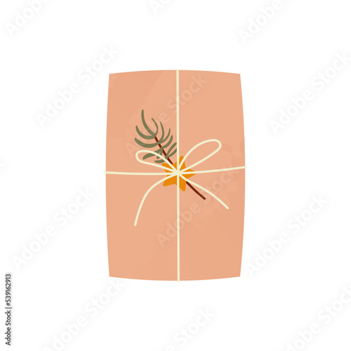 Top view Christmas gift in kraft paper with star and spruce branch. Cute present in craft wrapping flat vector illustration isolated on white background.