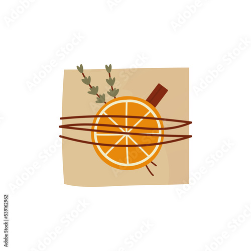 Square Christmas gift in kraft paper. Cute present box in craft wrapping flat vector illustration isolated on white background.