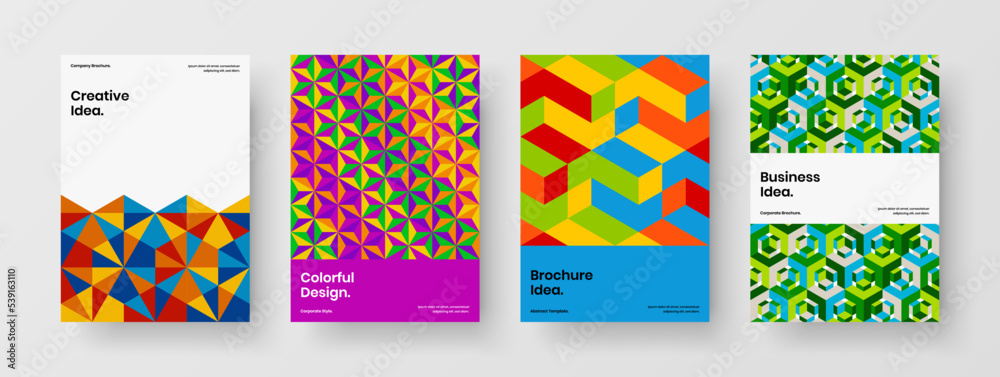 Premium geometric pattern corporate cover concept collection. Fresh leaflet design vector illustration set.