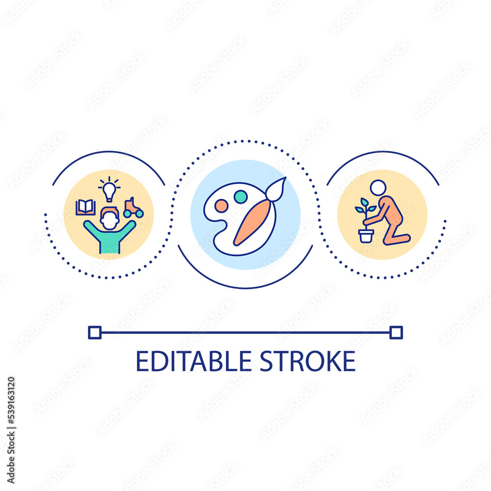Choose inspirational hobby loop concept icon. Routine activities to reduce stress. Lifestyle abstract idea thin line illustration. Isolated outline drawing. Editable stroke. Arial font used Choose inspirational hobby loop concept icon. Routine activities to reduce stress. Lifestyle abstract idea thin line illustration. Isolated outline drawing. Editable stroke. Arial font used