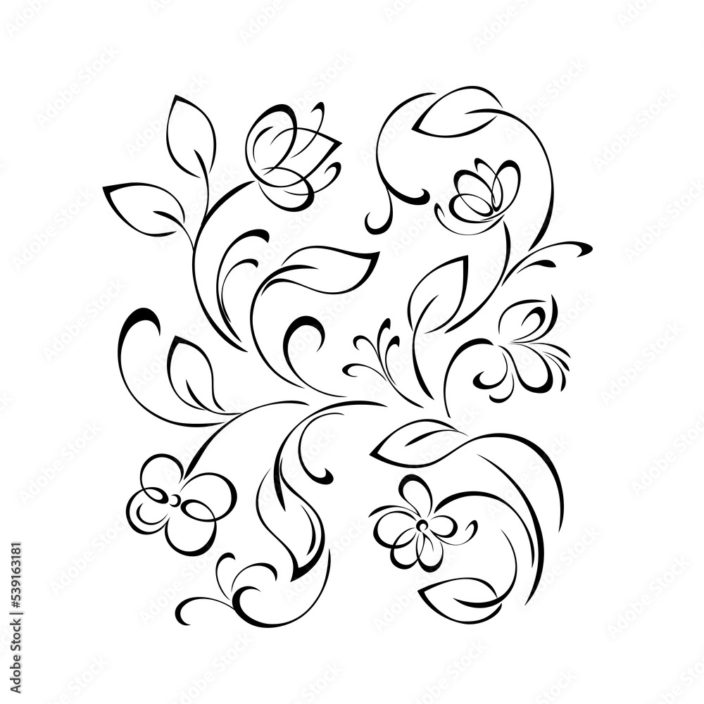 floral design with blooming flowers on stems with leaves and curls. graphic decor floral design with blooming flowers on stems with leaves and curls. graphic decor